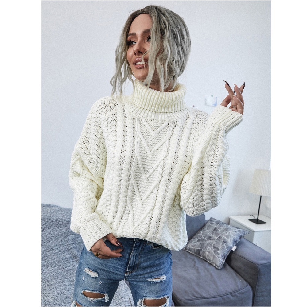 Off White Cable Knit Turtleneck Sweater - Picture 6 of 10